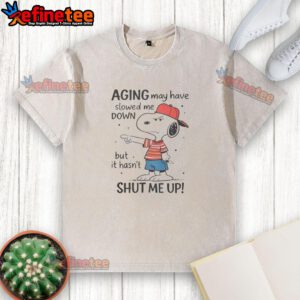 Funny Snoopy aging t-shirt featuring a humorous quote about life, perfect for fans of Peanuts and vintage graphic tees.