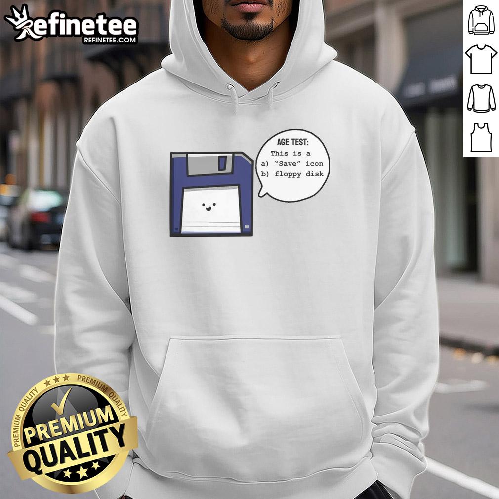 Funny hoodie featuring a floppy disk icon, perfect for nostalgia lovers and retro tech enthusiasts. Age test for the floppy disk era.