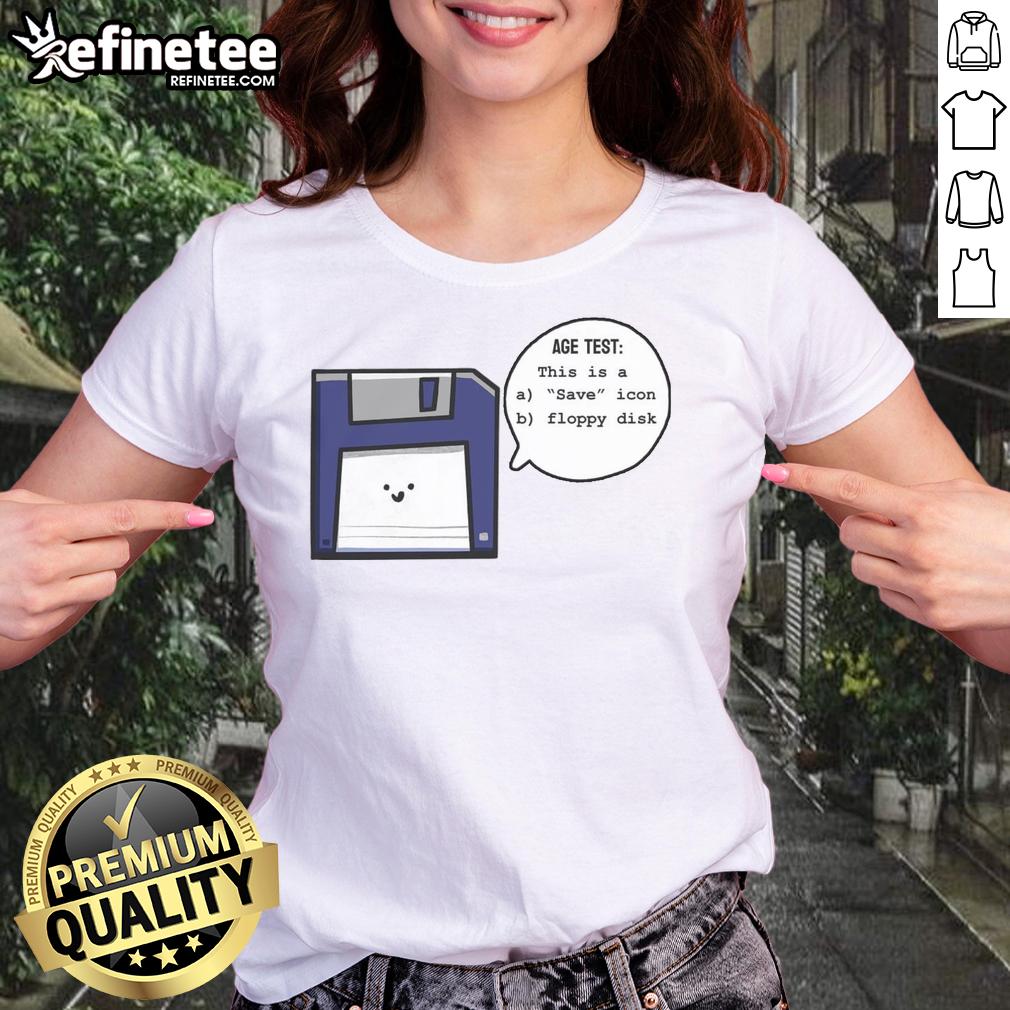 Funny ladies tee featuring a floppy disk icon, perfect for nostalgic tech lovers and 'This Is A Save' humor.