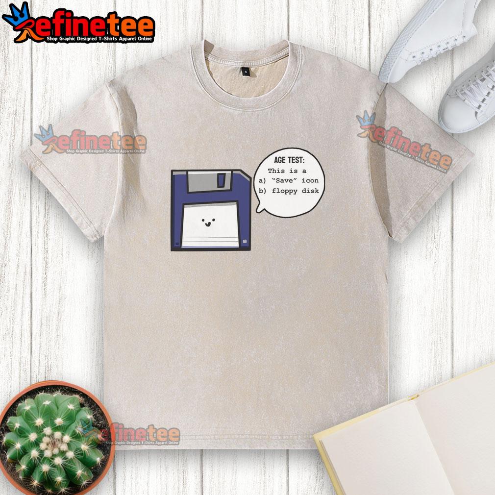 Funny vintage floppy disk graphic on a washed t-shirt, perfect for nostalgia lovers and tech enthusiasts.