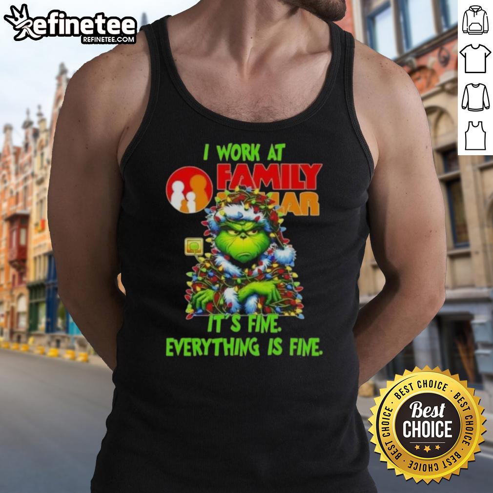 Good Grinch Christmas Tree tank top from Family Dollar, showcasing humorous holiday spirit with 'It's Fine' design.
