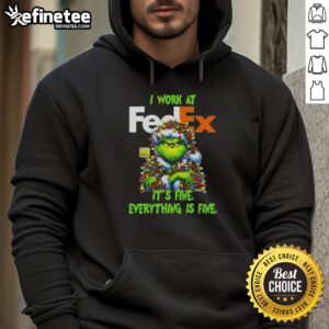 Cozy 'Good Grinch Christmas Tree' hoodie featuring 'I work at it's fine, everything is fine' design, perfect for holiday cheer.
