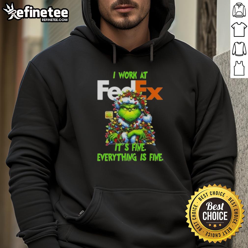 Cozy 'Good Grinch Christmas Tree' hoodie featuring 'I work at it's fine, everything is fine' design, perfect for holiday cheer.