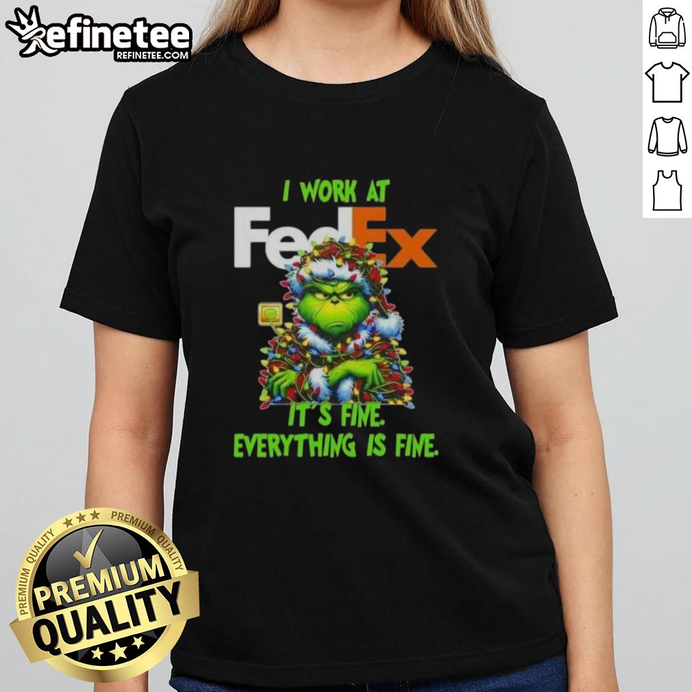 Alt Text: Good Grinch Christmas Tree tee shirt featuring 'It's fine, everything is fine' for festive holiday spirit.