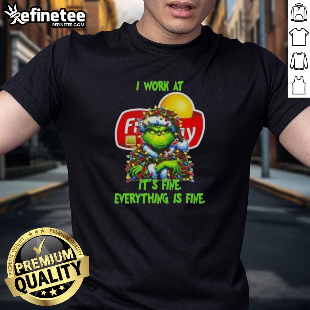 Good Grinch Christmas Tree with Frito Lay, featuring 'I Work At Its Fine Everything Is Fine' T-Shirt design.