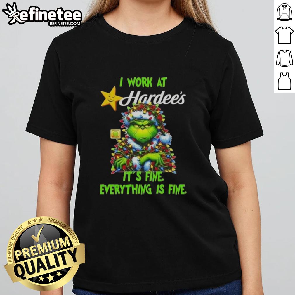 Good Grinch Christmas Tree tee from Hardee's, featuring 'I work at it's fine, everything is fine' slogan for festive style.