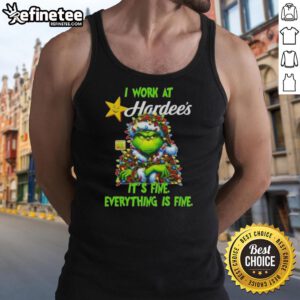 Alt Text: Good Grinch Christmas Tree tank top featuring 'I work at it's fine, everything is fine' slogan for festive humor.