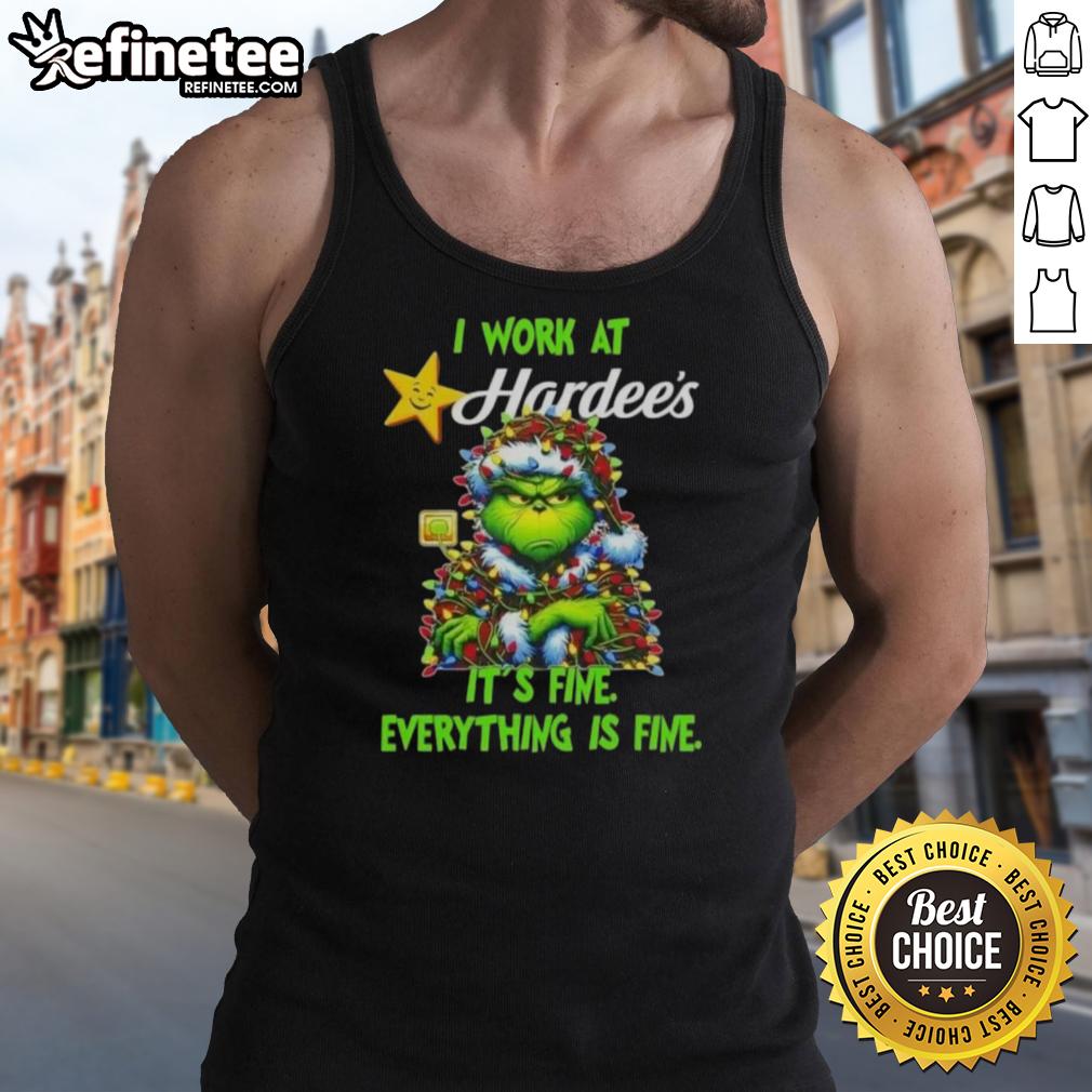 Alt Text: Good Grinch Christmas Tree tank top featuring 'I work at it's fine, everything is fine' slogan for festive humor.