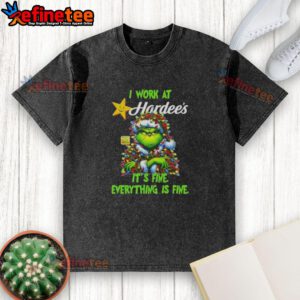 Alt Text: Good Grinch Christmas Tree t-shirt featuring 'I work at it's fine, everything is fine' design for festive cheer.