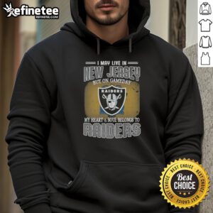Fan wearing a Raiders hoodie, showcasing pride with the phrase 'Good, I may live in New Jersey, but on gameday...'.