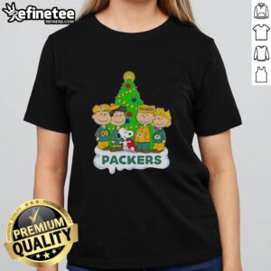 Good Peanuts characters on a Green Bay Packers Christmas ladies tee, perfect for holiday football fans.