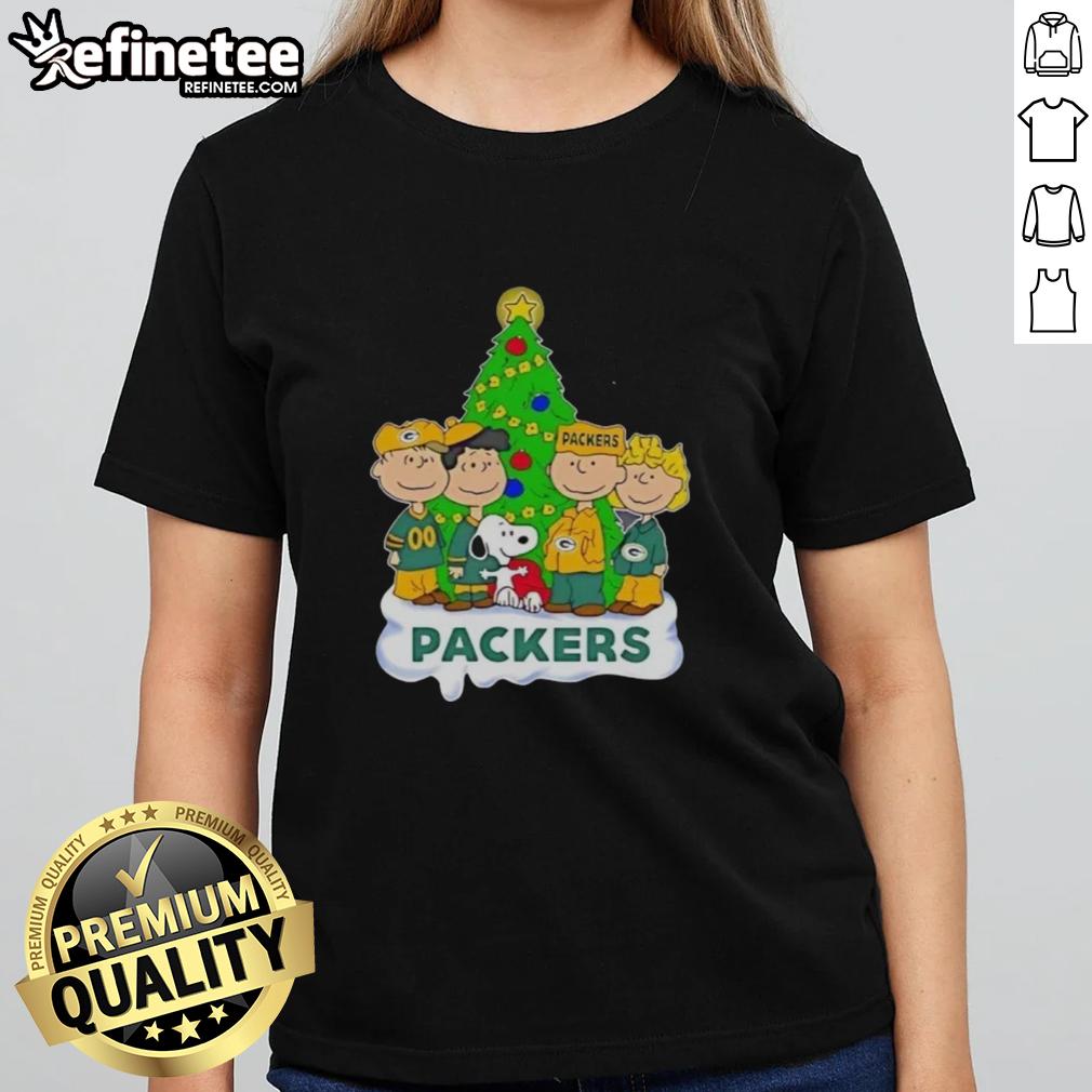 Good Peanuts characters on a Green Bay Packers Christmas ladies tee, perfect for holiday football fans.