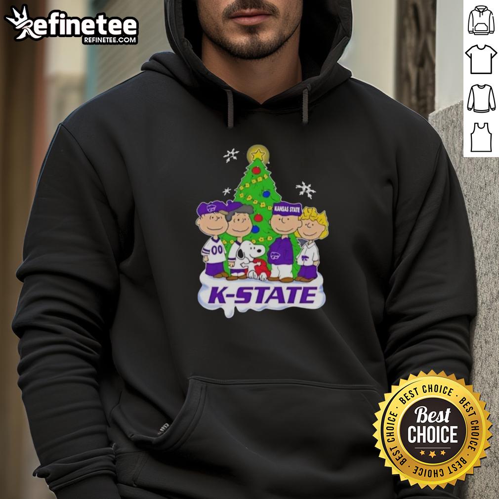 Good Peanuts characters Christmas hoodie featuring Kansas State Wildcats logo, perfect for holiday cheer and fandom.