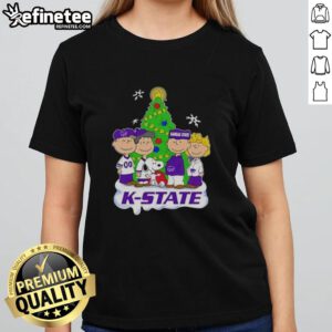 Good Peanuts characters on a Kansas State Wildcats Christmas ladies tee, perfect for holiday cheer and fandom.