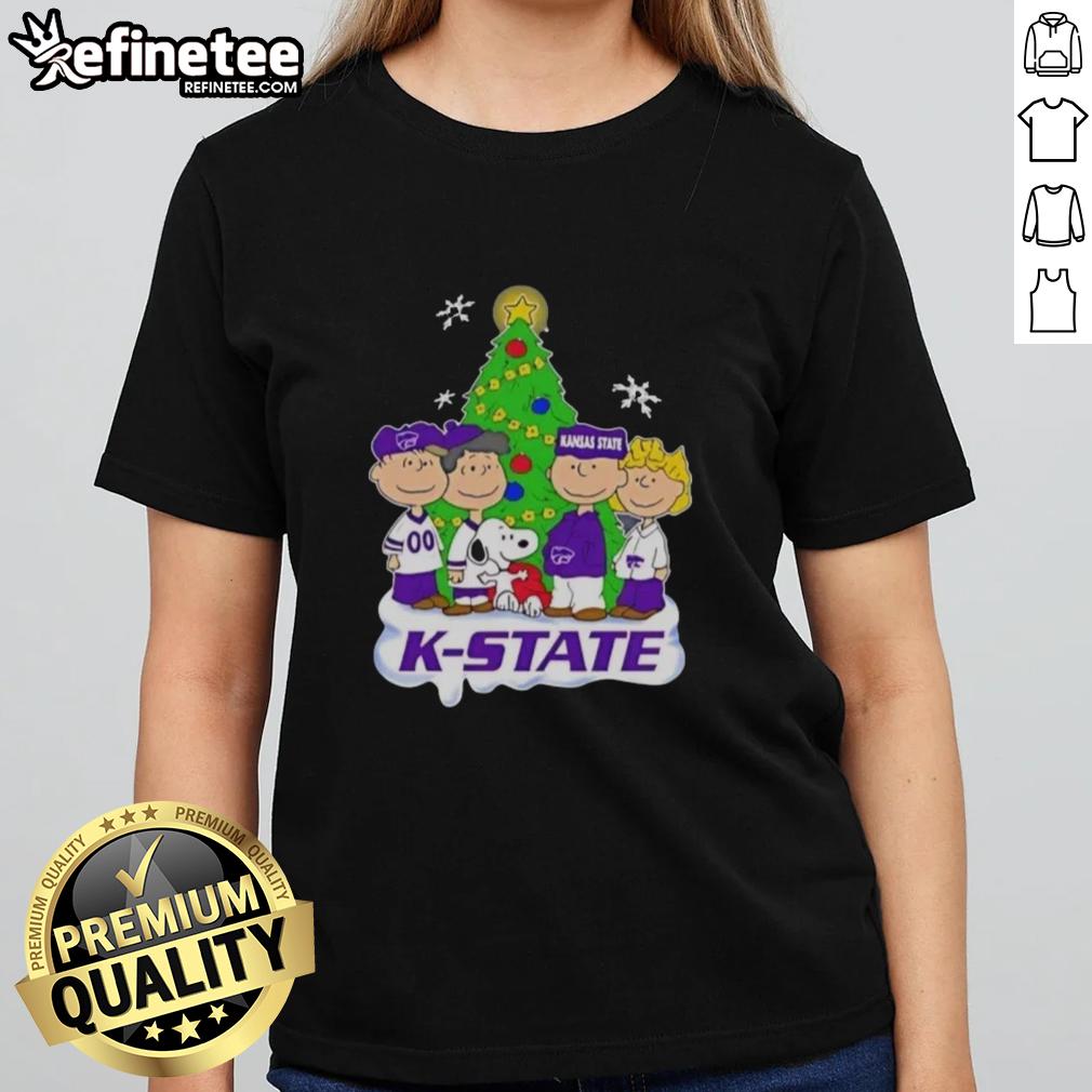 Good Peanuts characters on a Kansas State Wildcats Christmas ladies tee, perfect for holiday cheer and fandom.