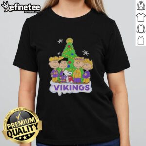 Good Peanuts Characters X Minnesota Vikings Christmas Ladies Tee featuring iconic Peanuts characters in festive team colors.