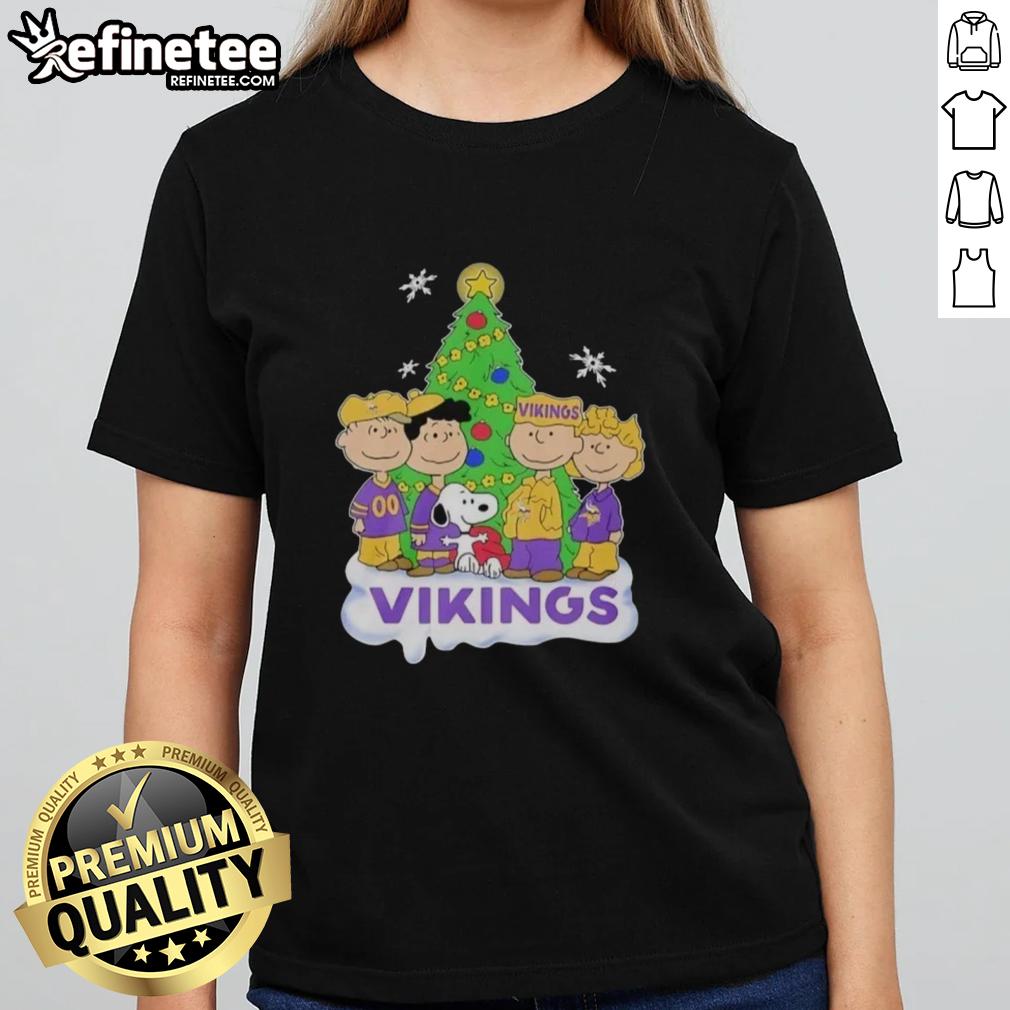 Good Peanuts Characters X Minnesota Vikings Christmas Ladies Tee featuring iconic Peanuts characters in festive team colors.