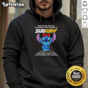Alt Text: Grumpy girl in a hoodie that reads 'Don't Piss Me Off, I'm a Grumpy Girl' while working at Subway.