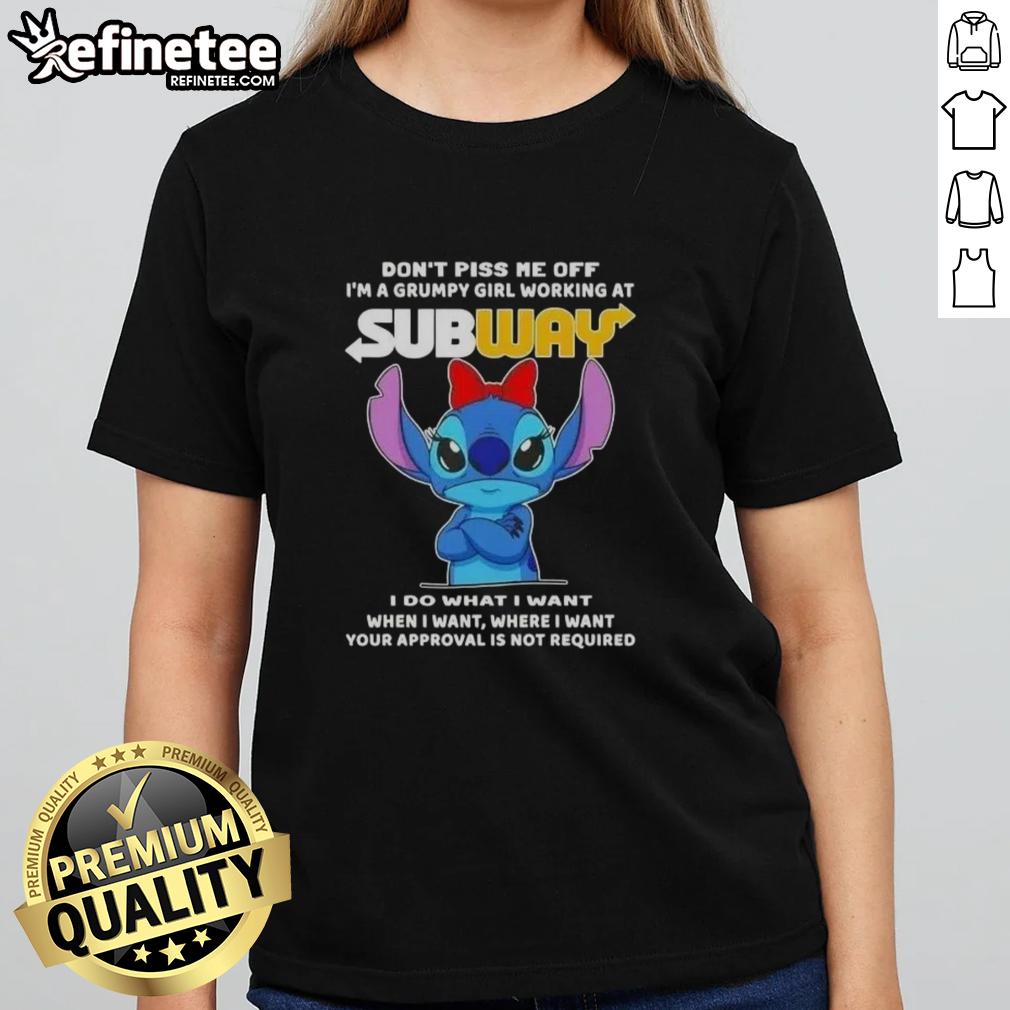 Grumpy girl in Subway ladies tee with Don't Piss Me Off slogan, showcasing a fun and quirky attitude.