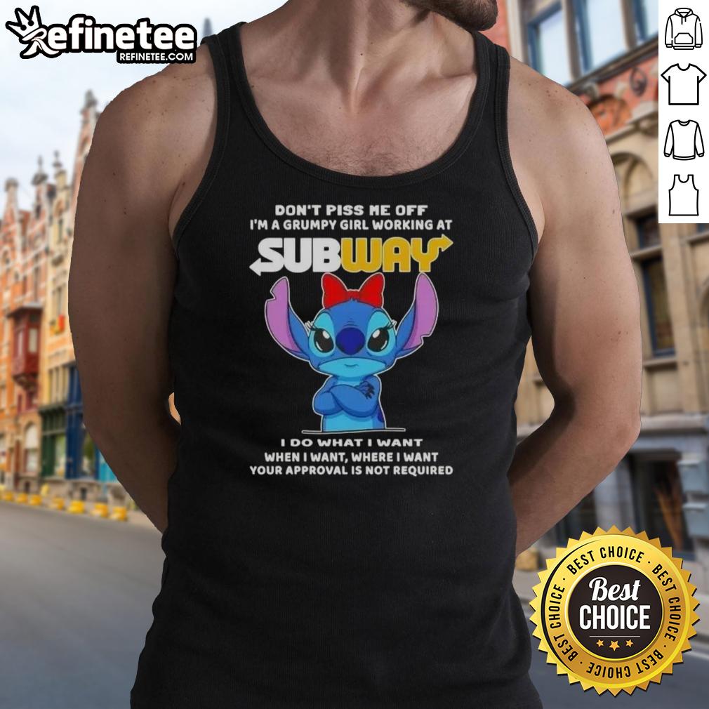 Grumpy girl in a tank top with 'Don't Piss Me Off' graphic, working at Subway, showcasing her unique style and attitude.