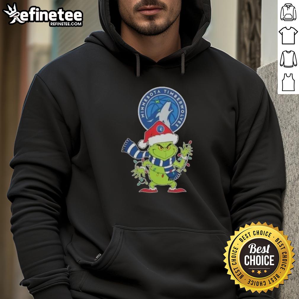 Holiday hoodie featuring Nice 2025 Minnesota Timberwolves design with Grinch and Santa hat for festive fans.