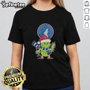 Minnesota Timberwolves Christmas Grinch Santa hat holiday ladies tee, perfect for festive basketball fans.