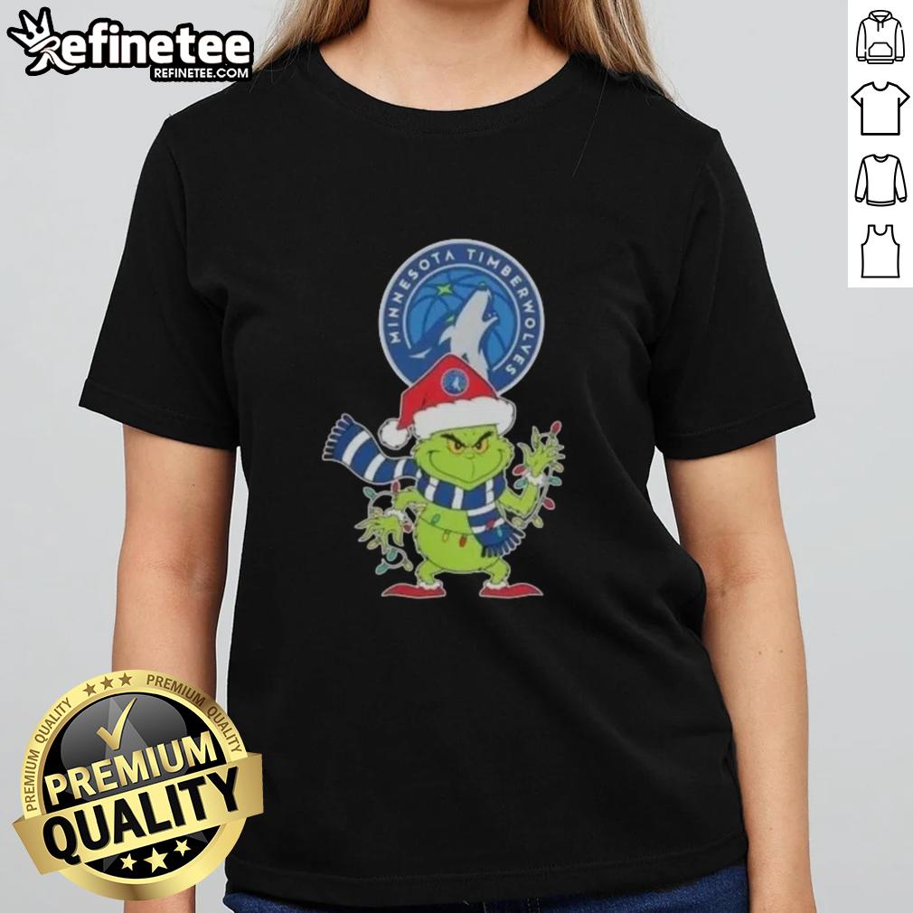 Minnesota Timberwolves Christmas Grinch Santa hat holiday ladies tee, perfect for festive basketball fans.