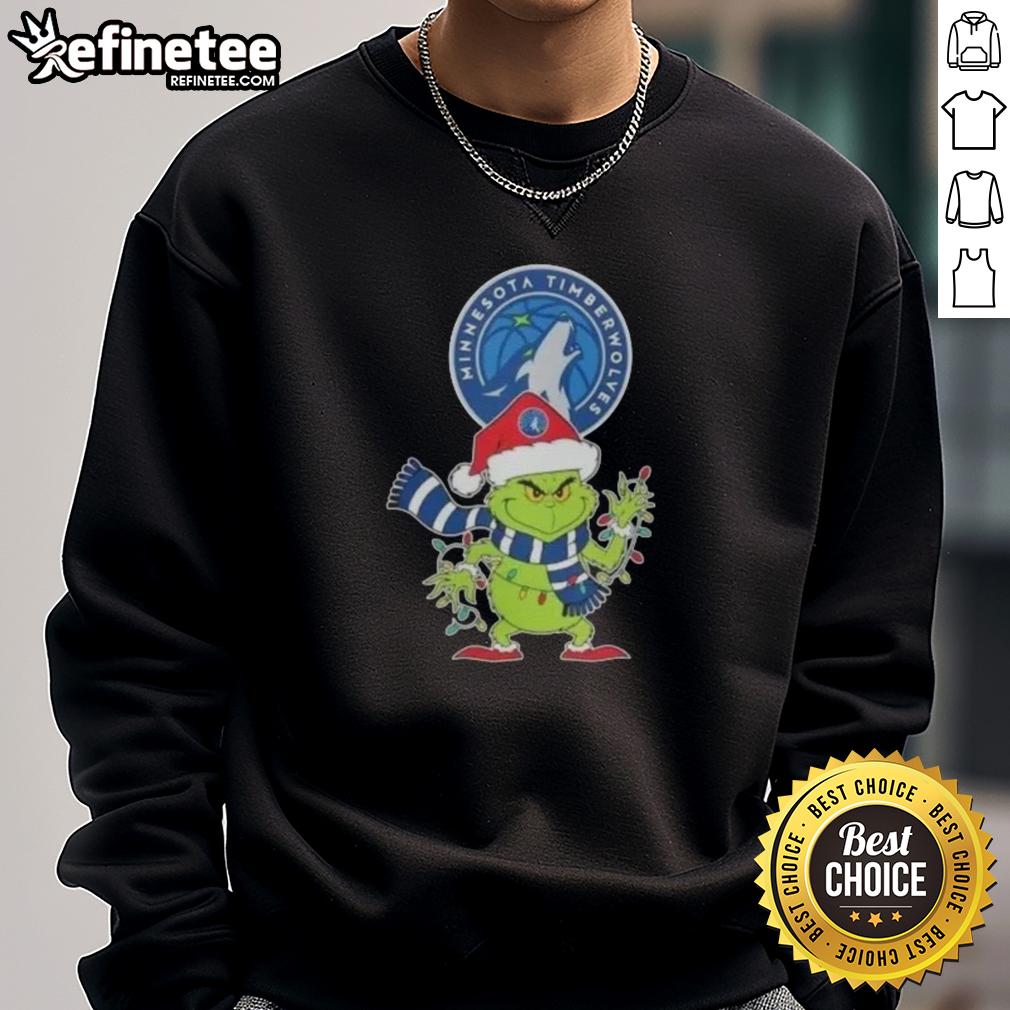 2025 Minnesota Timberwolves Christmas sweatshirt featuring Grinch in Santa hat, perfect for holiday cheer.
