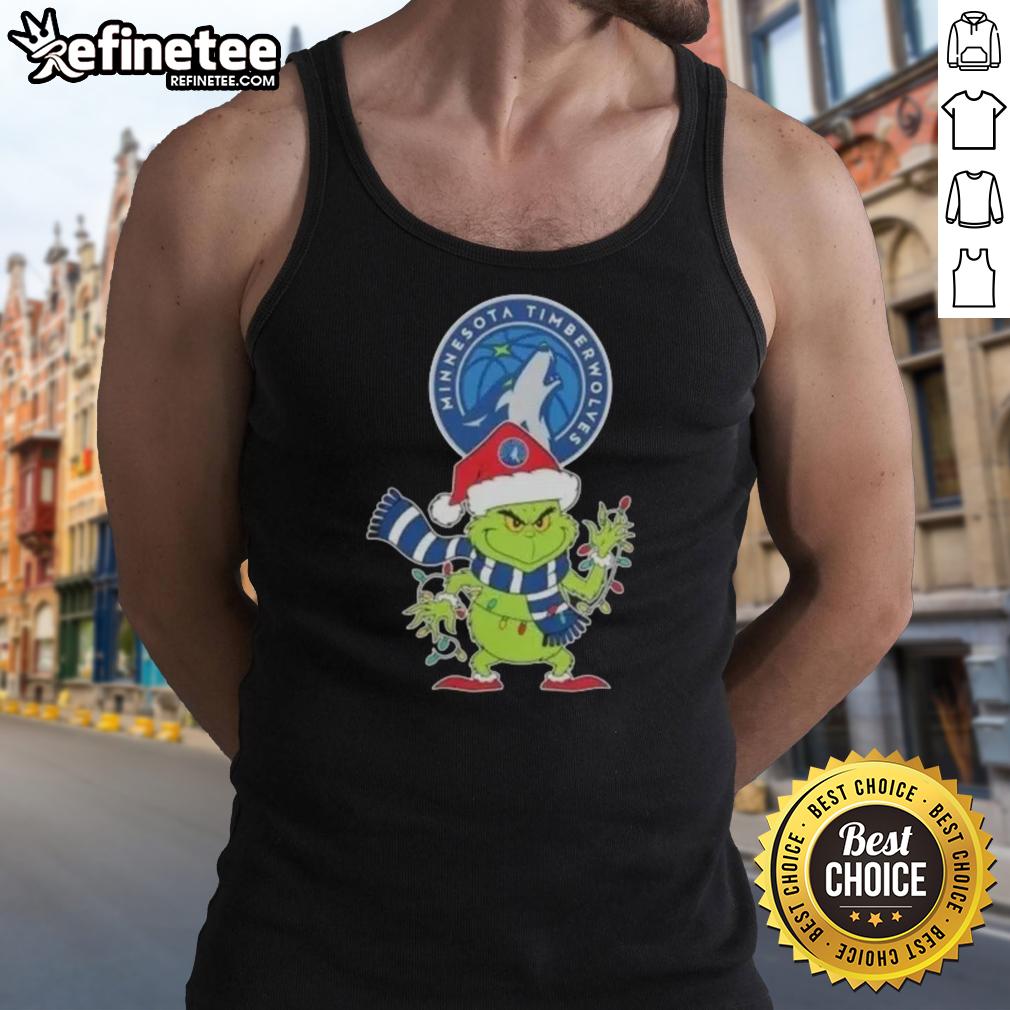 2025 Minnesota Timberwolves Christmas Grinch Santa Hat holiday tank top in festive colors, perfect for holiday celebrations.