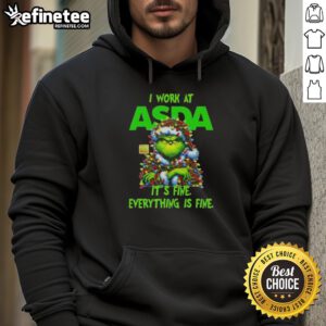 Nice Grinch Christmas Tree hoodie from Asda featuring 'I Work At It's Fine Everything Is Fine' design, perfect for festive cheer.