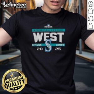 Seattle Mariners 2025 AL West Division Champions T-Shirt, celebrating MLB postseason victory with bold team graphics.