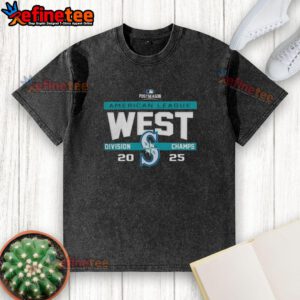 2025 Seattle Mariners AL West Division Champions washed t-shirt, celebrating MLB postseason victory with vibrant team graphics.