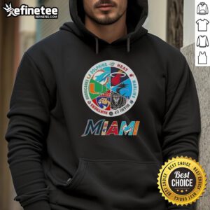 Alt Text: Stylish hoodie featuring logos of Miami sports teams: Dolphins, Heat, Marlins, Miami FC, Panthers, and Hurricanes.