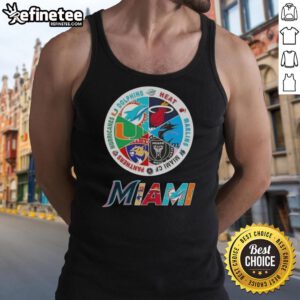 Stylish tank top featuring logos of Miami sports teams: Dolphins, Heat, Marlins, Miami FC, Panthers, and Hurricanes.