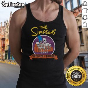 Nice The Simpsons Treehouse of Horror tank top featuring iconic characters and spooky designs for Halloween fans.