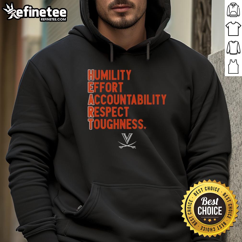 Alt Text: Virginia Cavaliers football H.E.A.R.T. hoodie featuring Humility, Effort, Accountability, Respect, Toughness design.