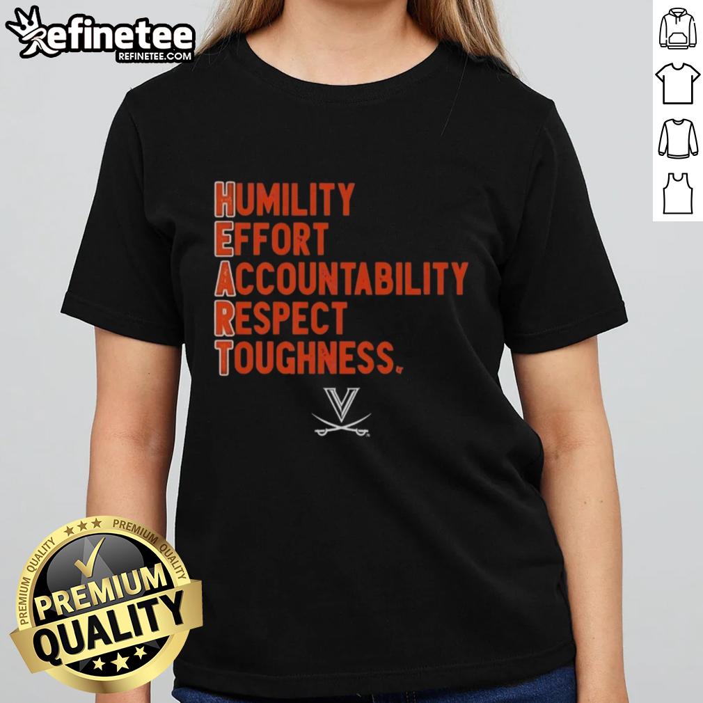 Alt Text: Ladies tee featuring Virginia Cavaliers football H.E.A.R.T. design: Humility, Effort, Accountability, Respect, Toughness.