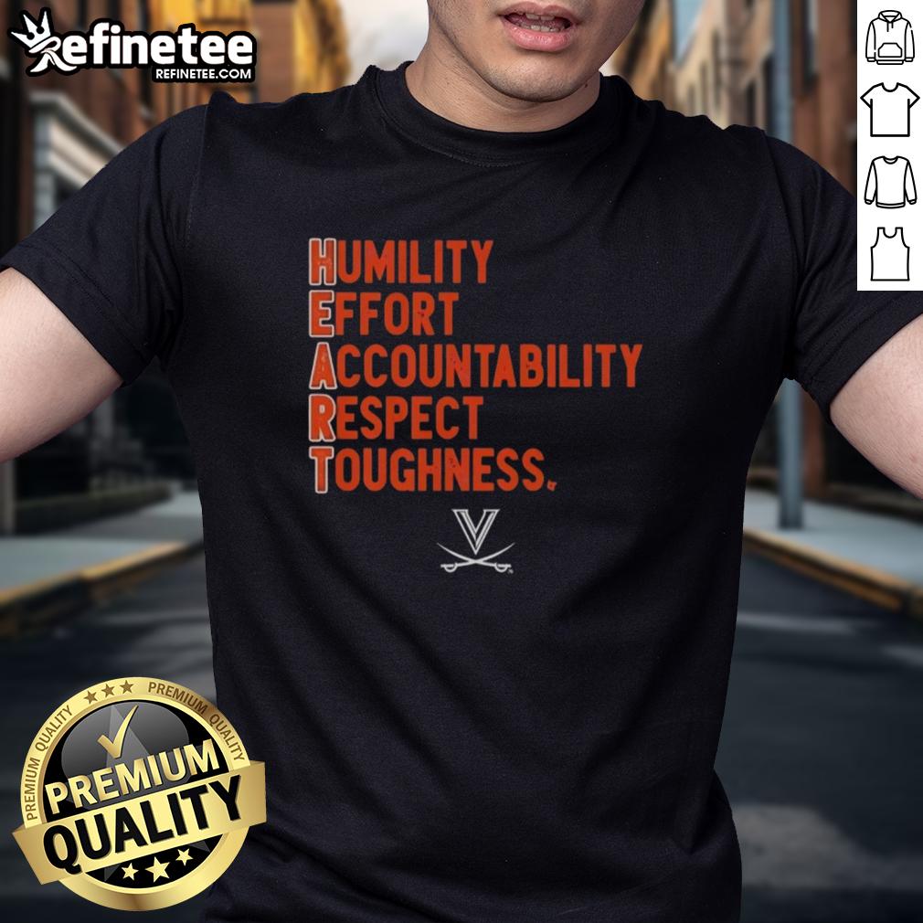 Virginia Cavaliers Football H.E.A.R.T. T-Shirt showcasing Humility, Effort, Accountability, Respect, Toughness design.