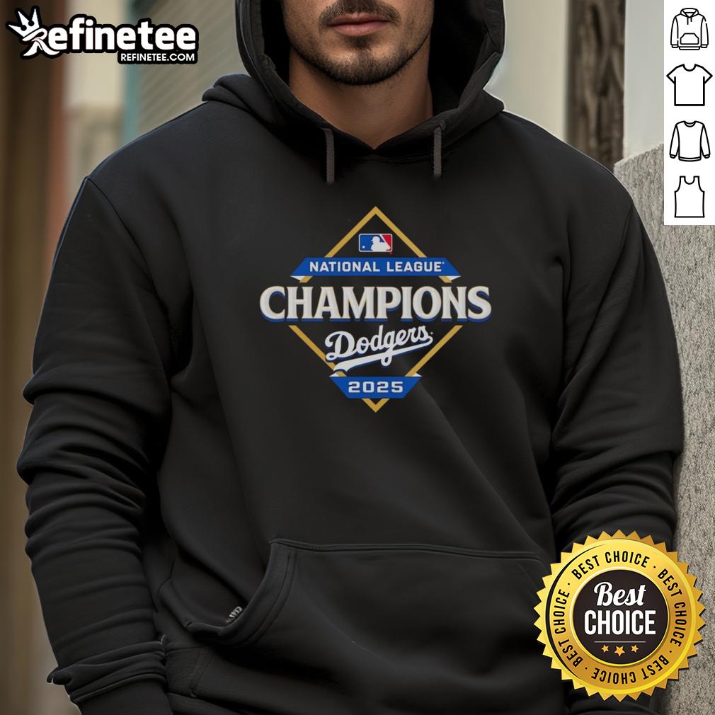 Official Los Angeles Dodgers 2025 National League Champions diamond logo hoodie in blue and white design.