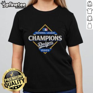 Official Los Angeles Dodgers 2025 National League Champions diamond logo on ladies tee, showcasing team pride.