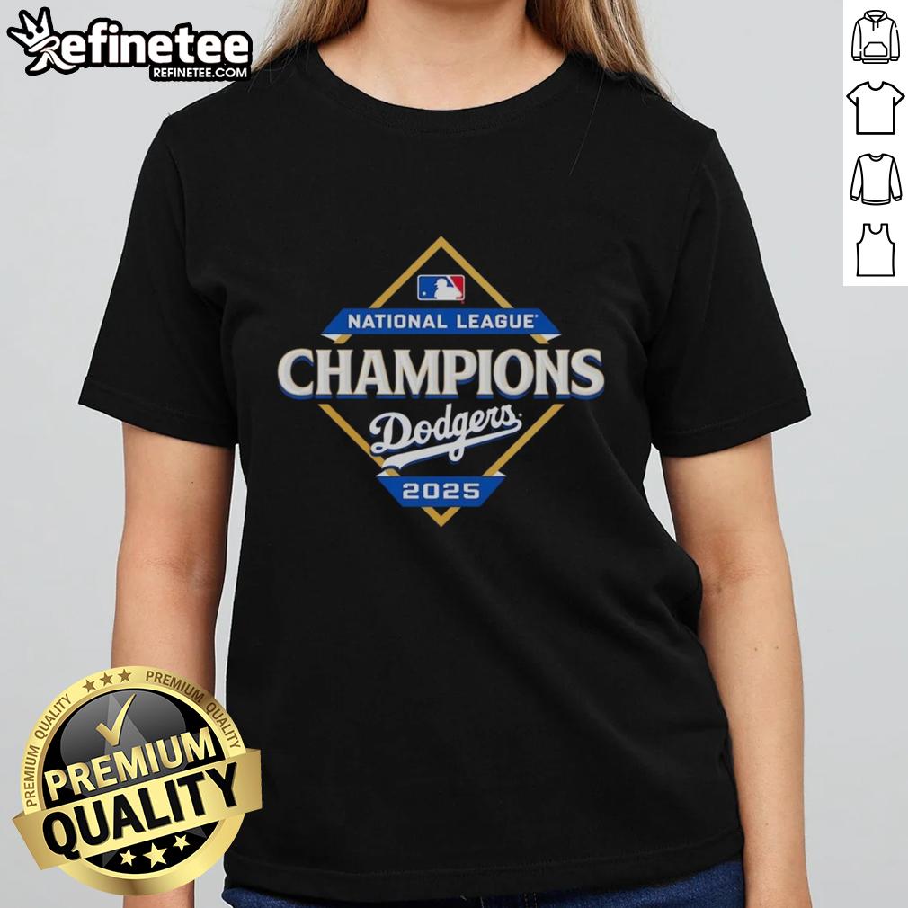 Official Los Angeles Dodgers 2025 National League Champions diamond logo on ladies tee, showcasing team pride.