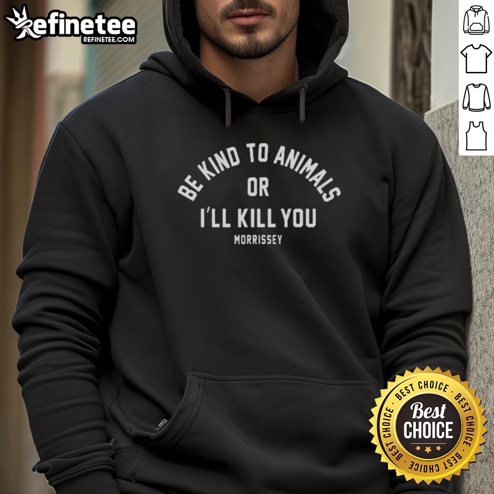 Official Mozzerians Be Kind To Animals Hoodie in black with vibrant animal graphic, promoting kindness to animals.