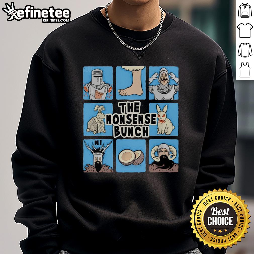 Official The Nonsense Bunch Monty Python and The Holy Grail X The Brady Bunch sweatshirt featuring iconic designs.