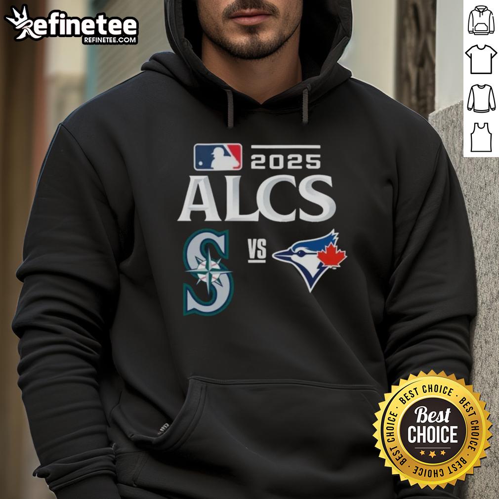 Official Toronto Blue Jays vs Seattle Mariners 2025 ALCS baseball matchup hoodie featuring team logos and vibrant colors.