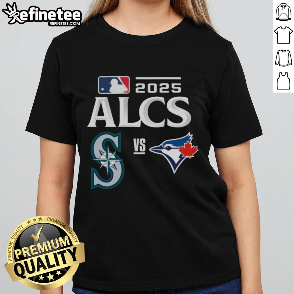 Official Toronto Blue Jays vs Seattle Mariners 2025 ALCS Baseball Matchup Ladies Tee showcasing team logos and vibrant colors.