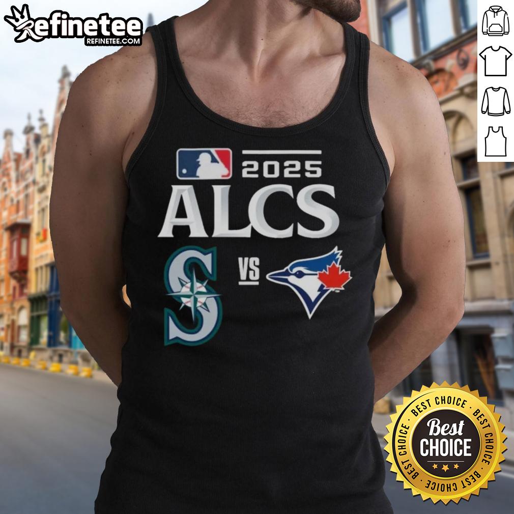 Official Toronto Blue Jays vs Seattle Mariners 2025 ALCS baseball matchup tank top featuring team logos and vibrant design.