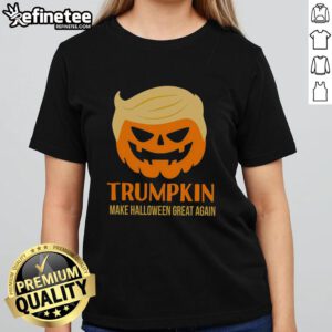 Official Trumpkin 'Make Halloween Great Again' MAGA ladies tee featuring a fun pumpkin graphic for festive celebrations.