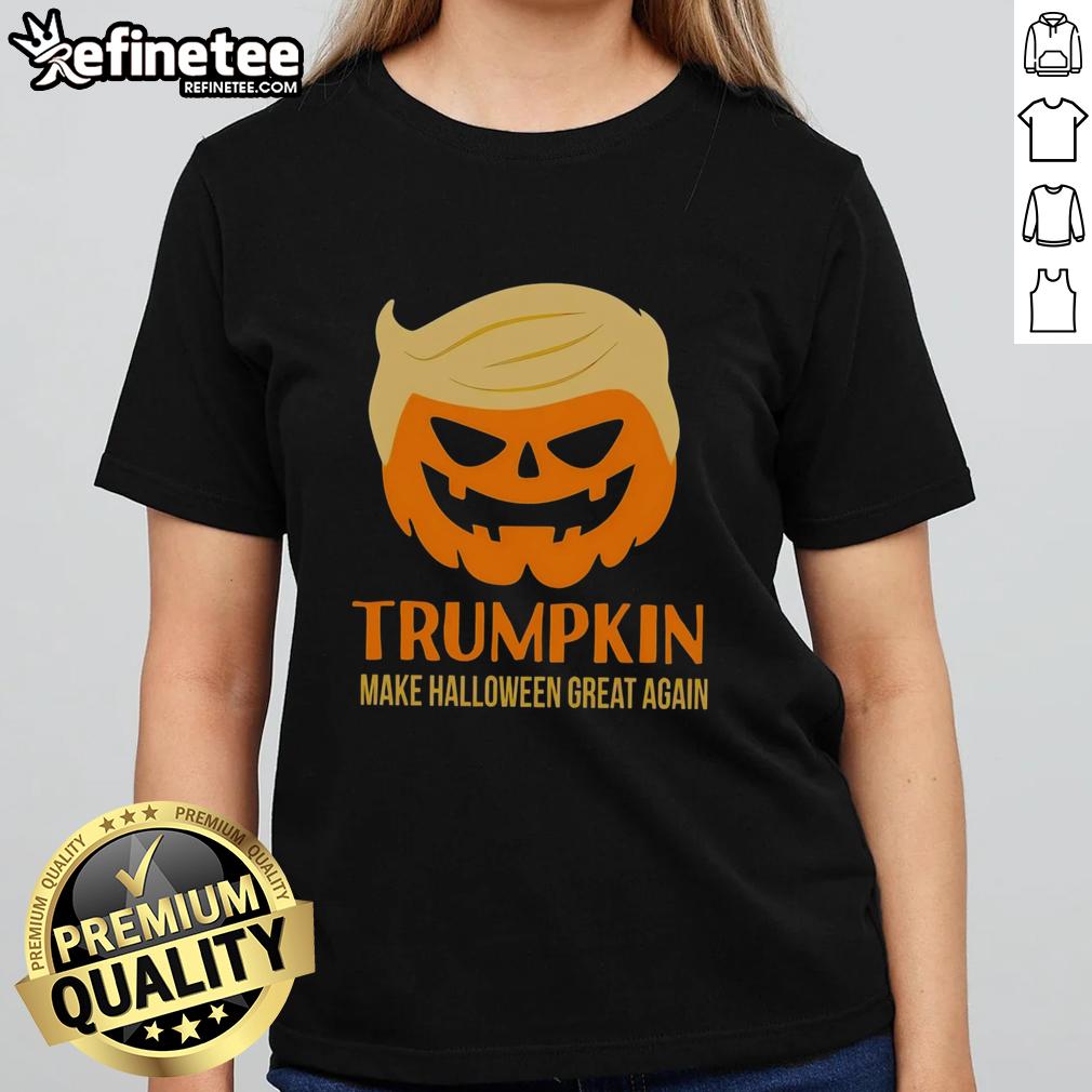 Official Trumpkin 'Make Halloween Great Again' MAGA ladies tee featuring a fun pumpkin graphic for festive celebrations.