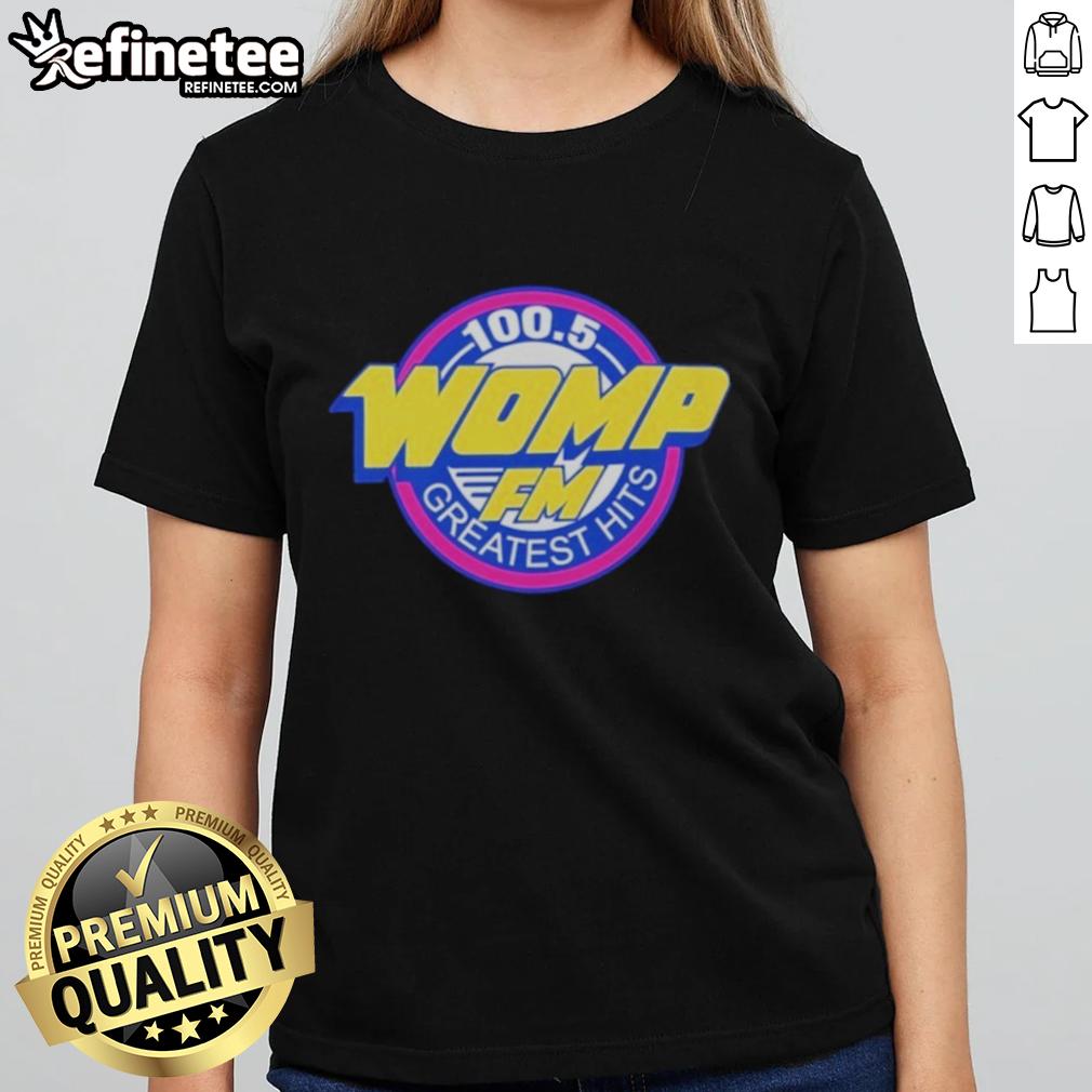 Alt Text: Official Womp FM Greatest Hits Ladies Tee featuring a stylish design perfect for music lovers and fans.