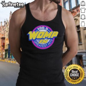 Alt Text: Official Womp FM Greatest Hits tank top featuring vibrant graphics and a stylish design for music lovers.